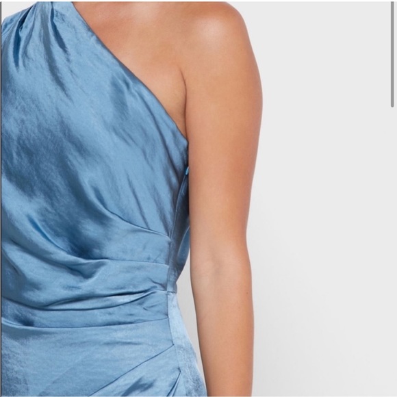ELLIATT Revolve Cassini Dress Blue One Shoulder Satin Ruched Slit - Picture 3 of 16